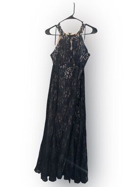 Night Way Collections Dark Blue Lace Maxi Dress with Nude Lining